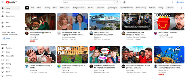 YouTube ホームページ